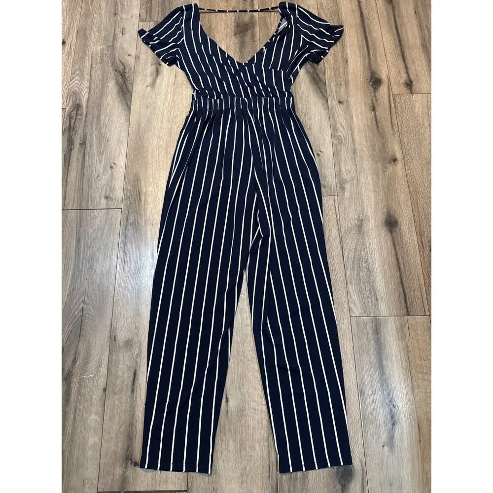 Navy & White Striped Jumpsuit Express XS Short Sleeves V-Neck & Elastic Waist - Picture 6 of 10